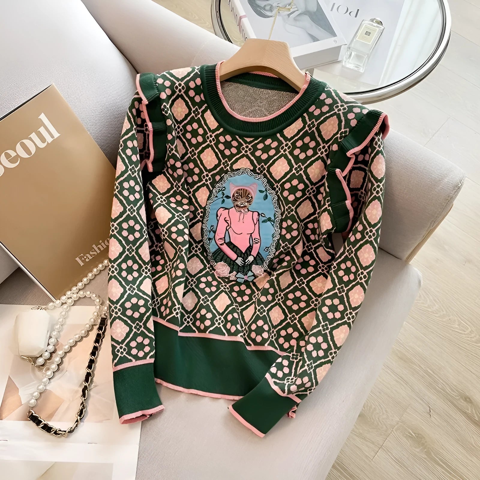 Women's green printed sweater with loose fit and regular sleeves shown on a model