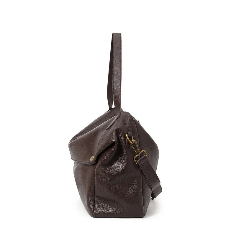 Brown genuine leather women's shoulder bag with horizontal square shape and interior zippered pocket