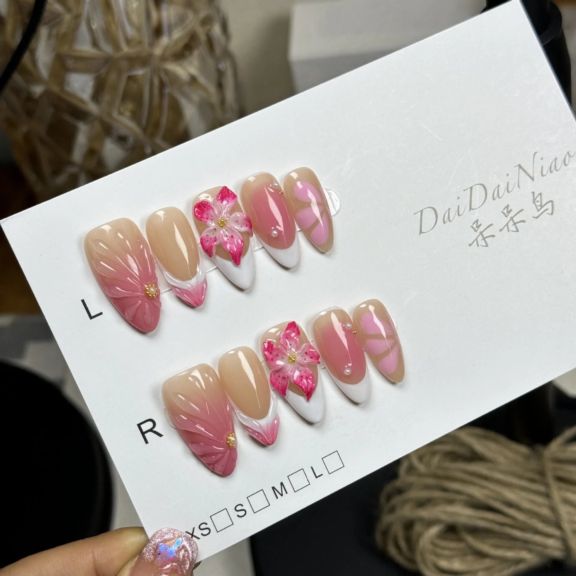French style 3D lily and ice flower design plastic artificial nail tips in almond shape.
