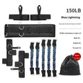 Fitness Bounce chest expander elastic belt with red, blue, black, and green resistance sleeves.