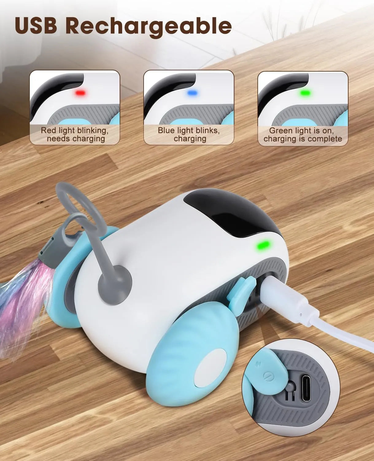 Smart cat toy car with feather teaser in blue on a white background, remote control included