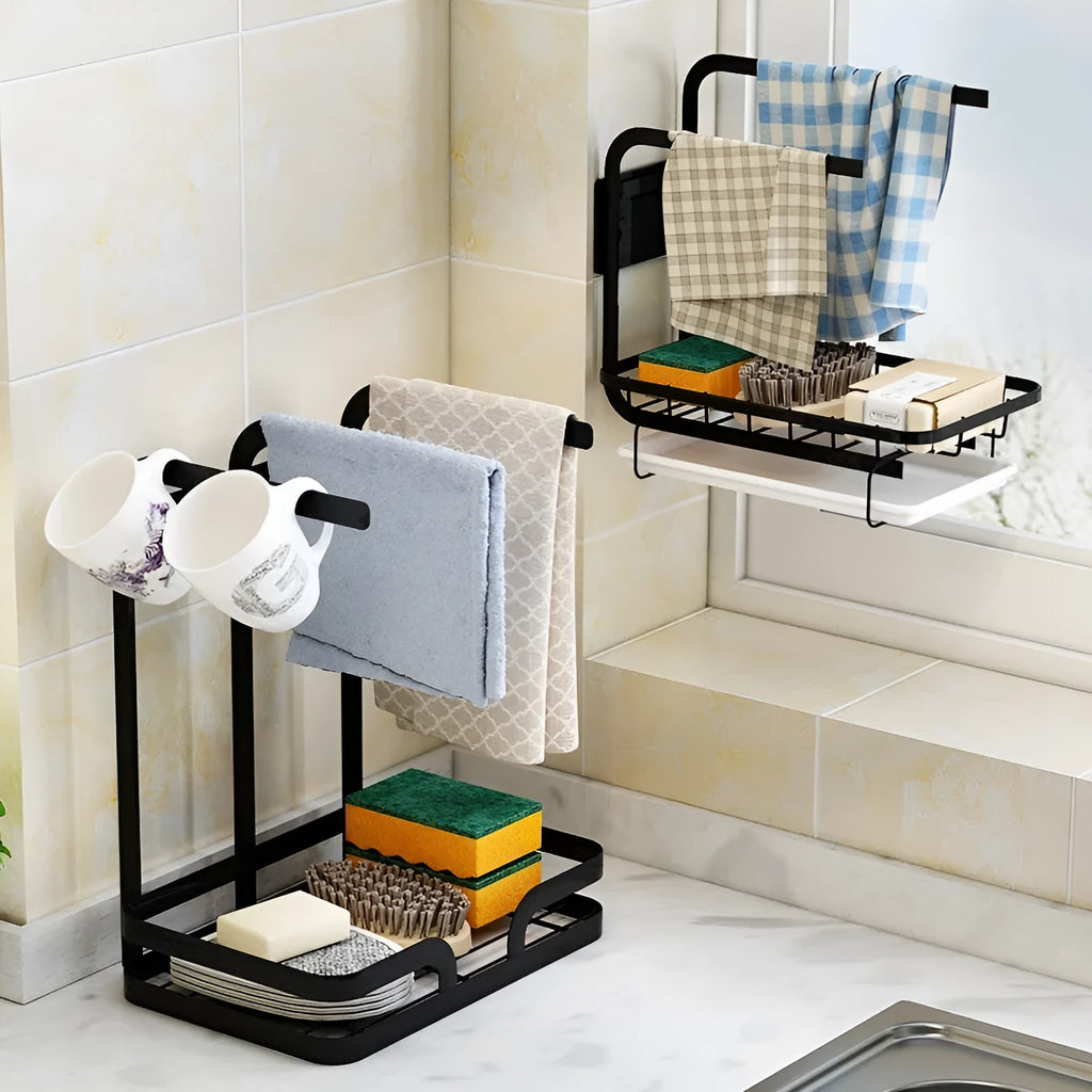 Foldable plastic kitchen rack for wall mounting or table top rag draining storage