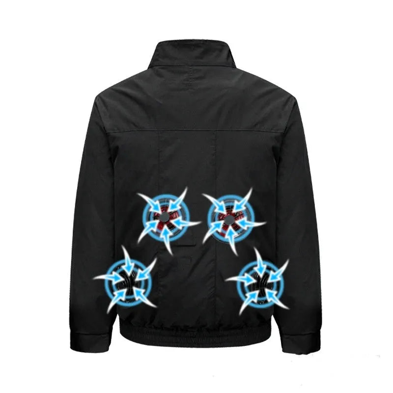 Men's smart cooling jacket with fan system showing ventilation holes in black colour option