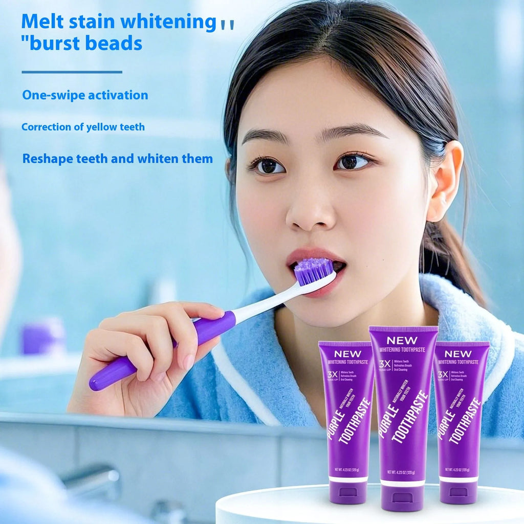 Purple whitening toothpaste tube for removing yellow stains from adult teeth, available in 120g and 65g sizes