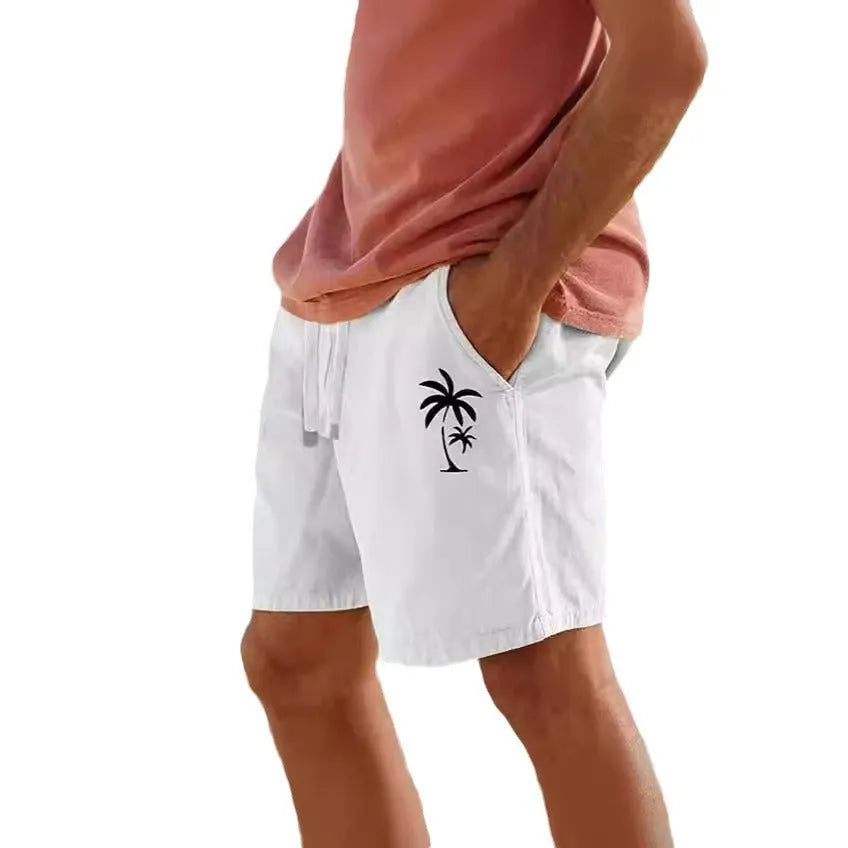Men's cotton blend beach shorts with elastic drawstring waist in straight trouser cut