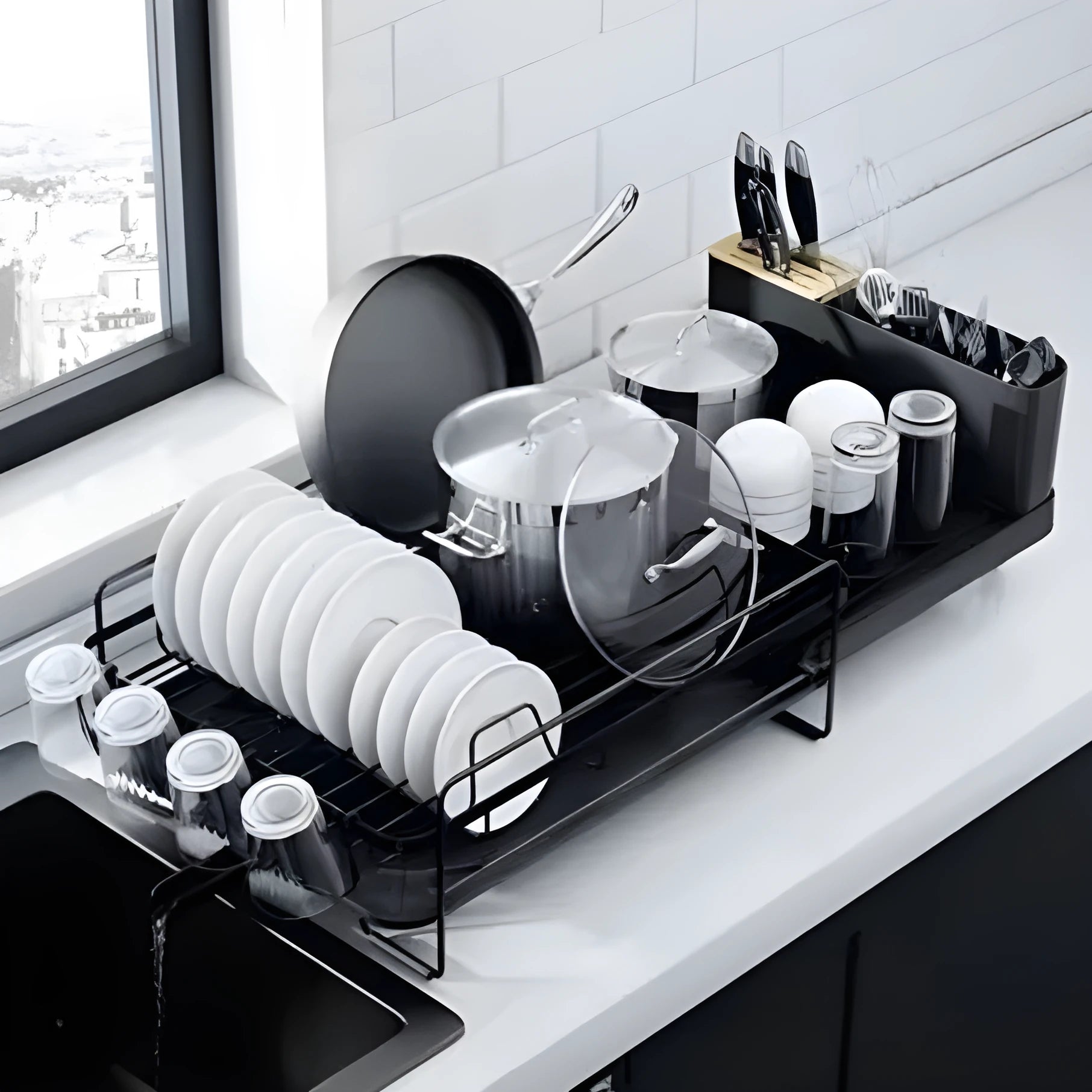 Retractable carbon steel dish rack in folded position for cutlery and cup drying