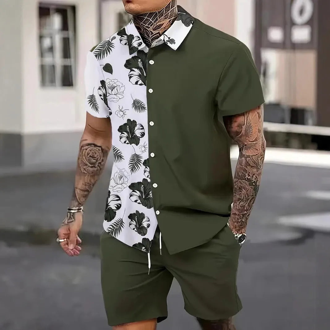 Men's Hawaiian print short sleeve suit set with matching trousers in polyester