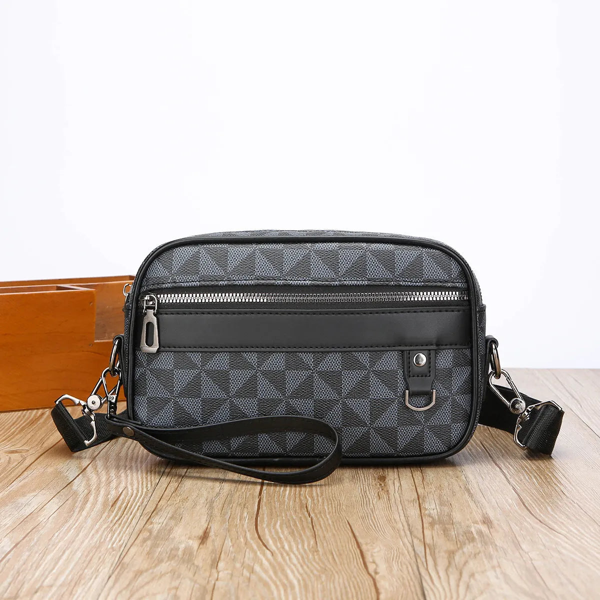 New Casual Shoulder Messenger Bag Men's Large Capacity Handheld Horizontal Geometric Pattern PU 2206 Black