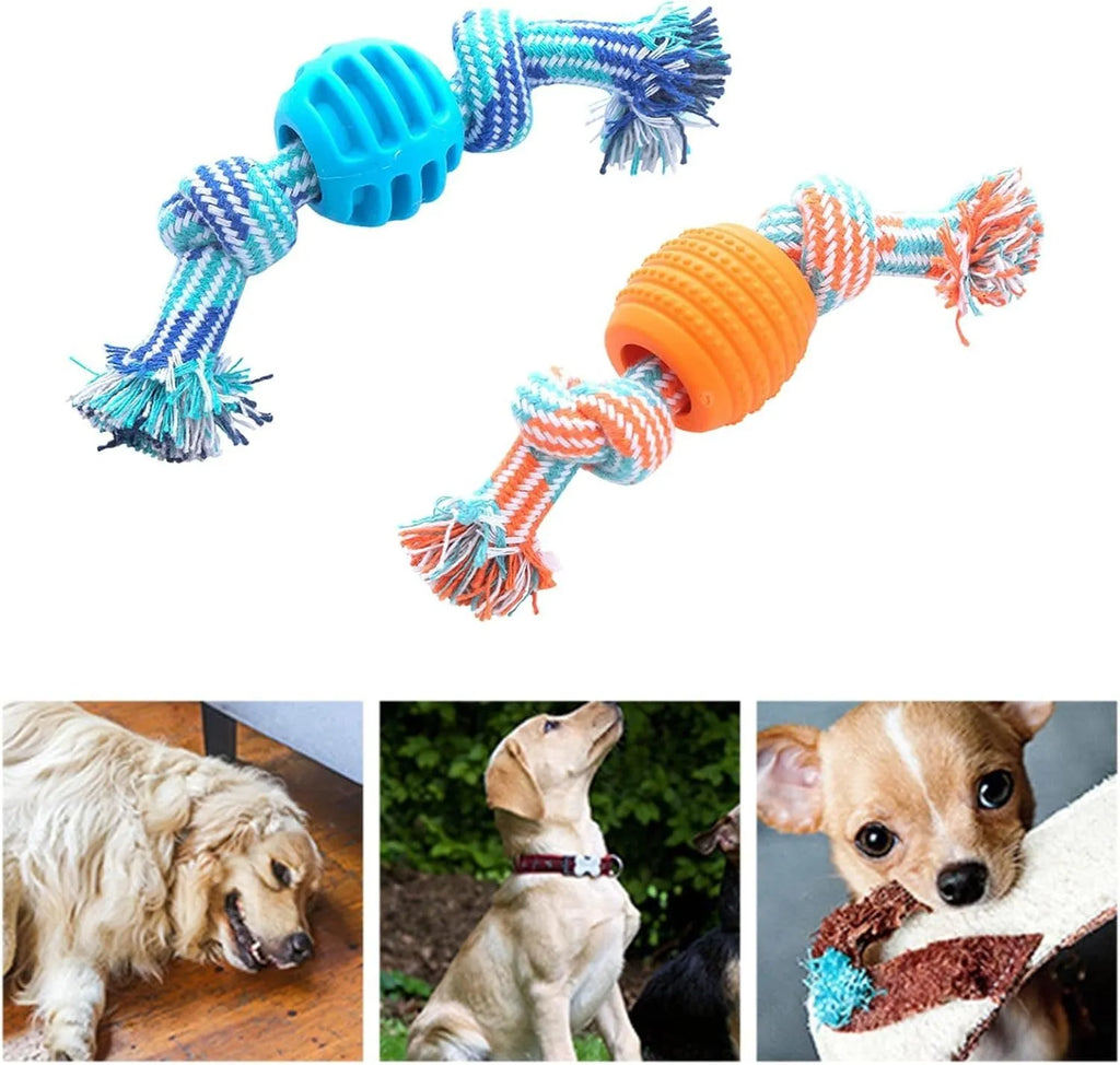 Blue dog chew toy with integrated rope strands for dental cleaning and play