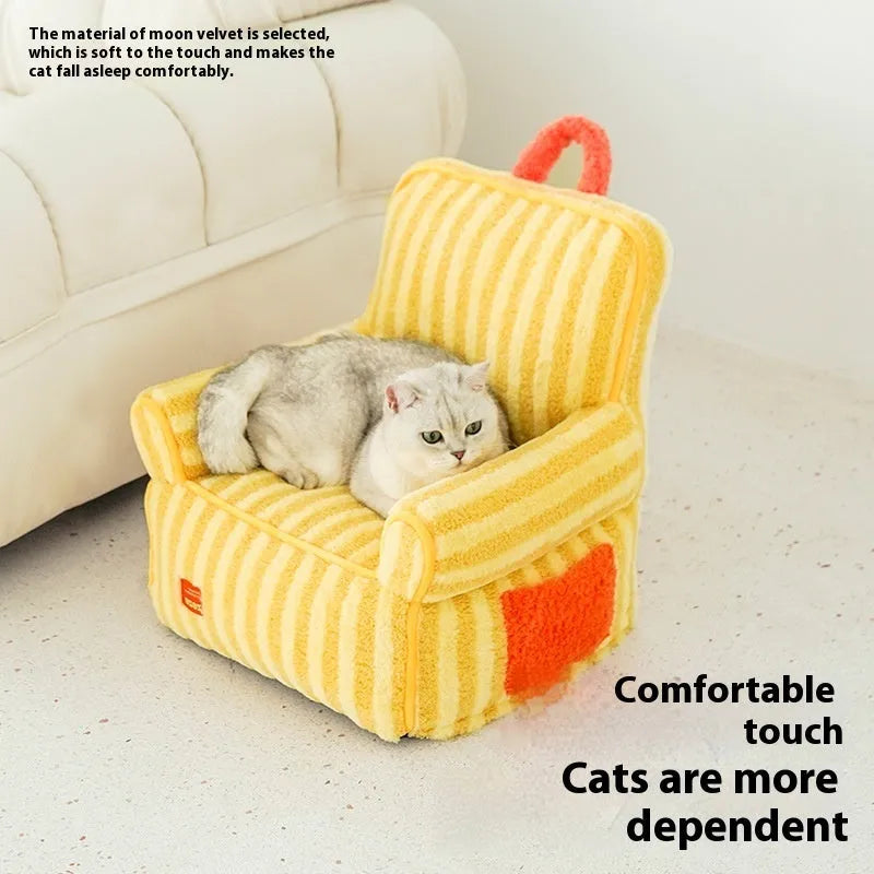 Striped soft velvet dog bed with a removable washable cover in orange, purple, or yellow.