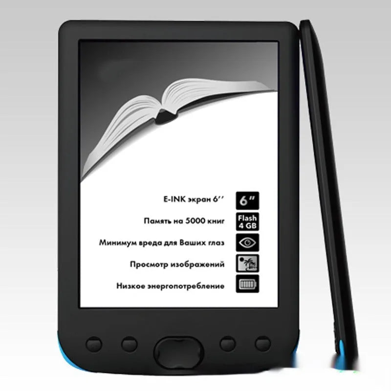 Black 6-inch E-ink e-book reader with monochrome display and configurable storage options