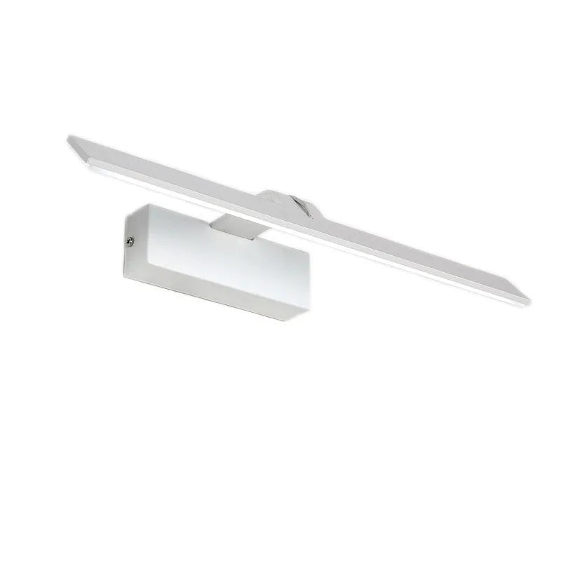 White framed LED bathroom mirror with integrated lighting, shown in a vanity setting.