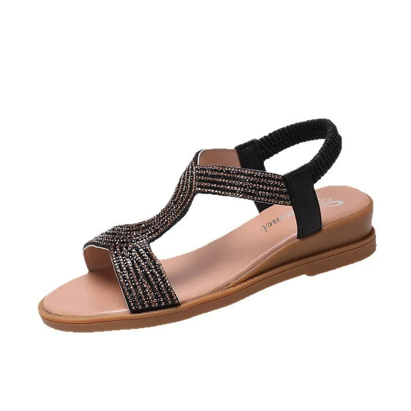 Gold patent leather women's beach sandals with rhinestone decoration and round toe holder