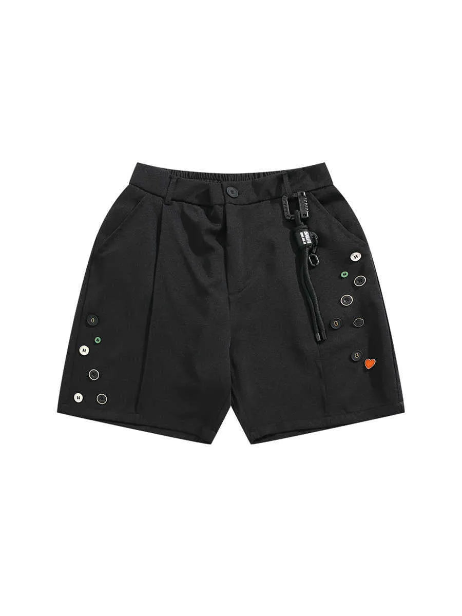 Black loose-fit men's shorts with a semi-elastic waistband and zipper fly, shown above the knee.