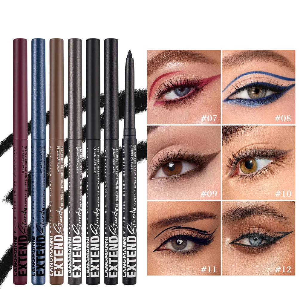12 colourful gel glitter eyeliner pencils in waterproof formula with matte and glitter shades