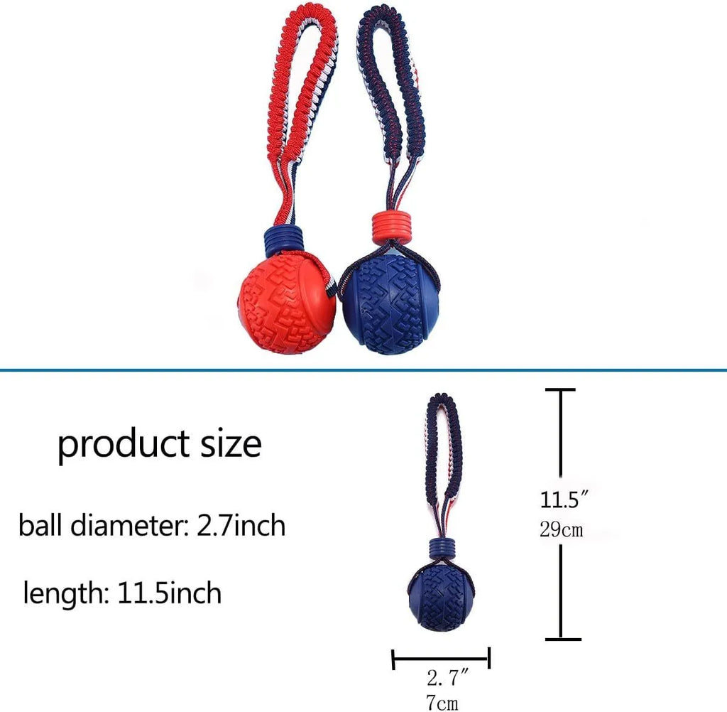 Blue dog toy with a textured rubber ball attached to a rope, shown on a white background.