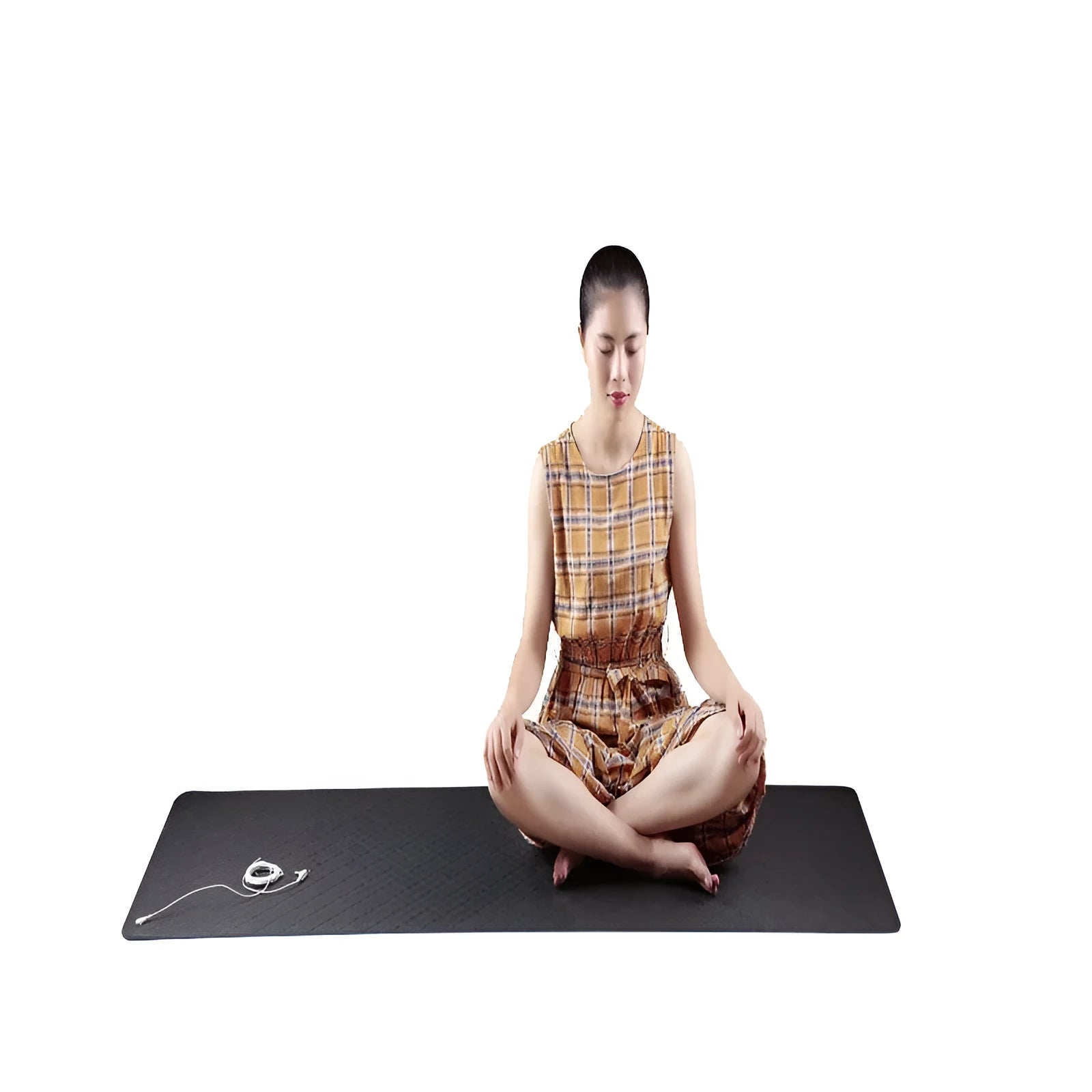 Blue yoga mat with plants pattern and a black grounding wire attached.