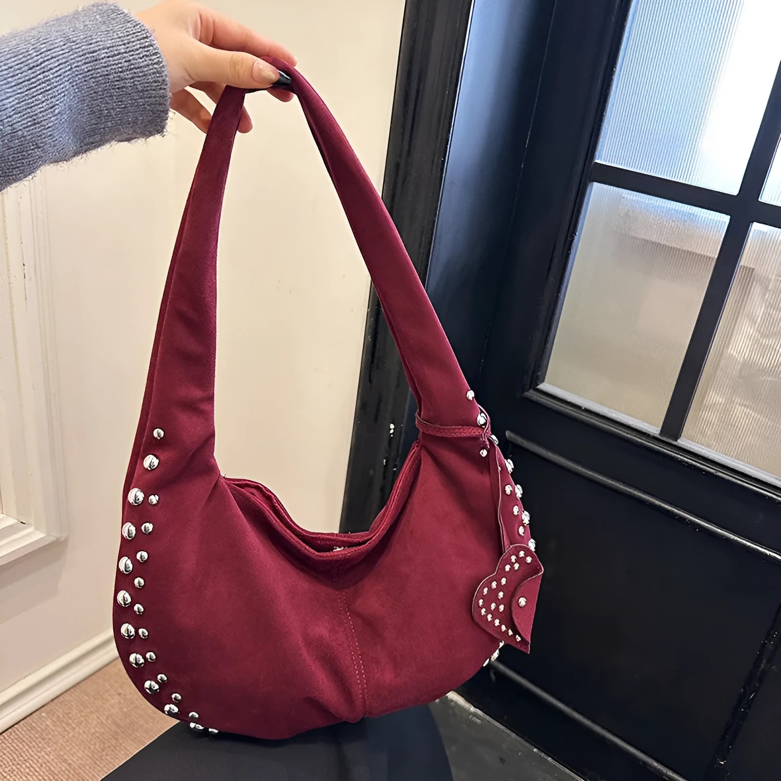 Soft plush strapless tote handbag in a retro style, shown in multiple colour options.
