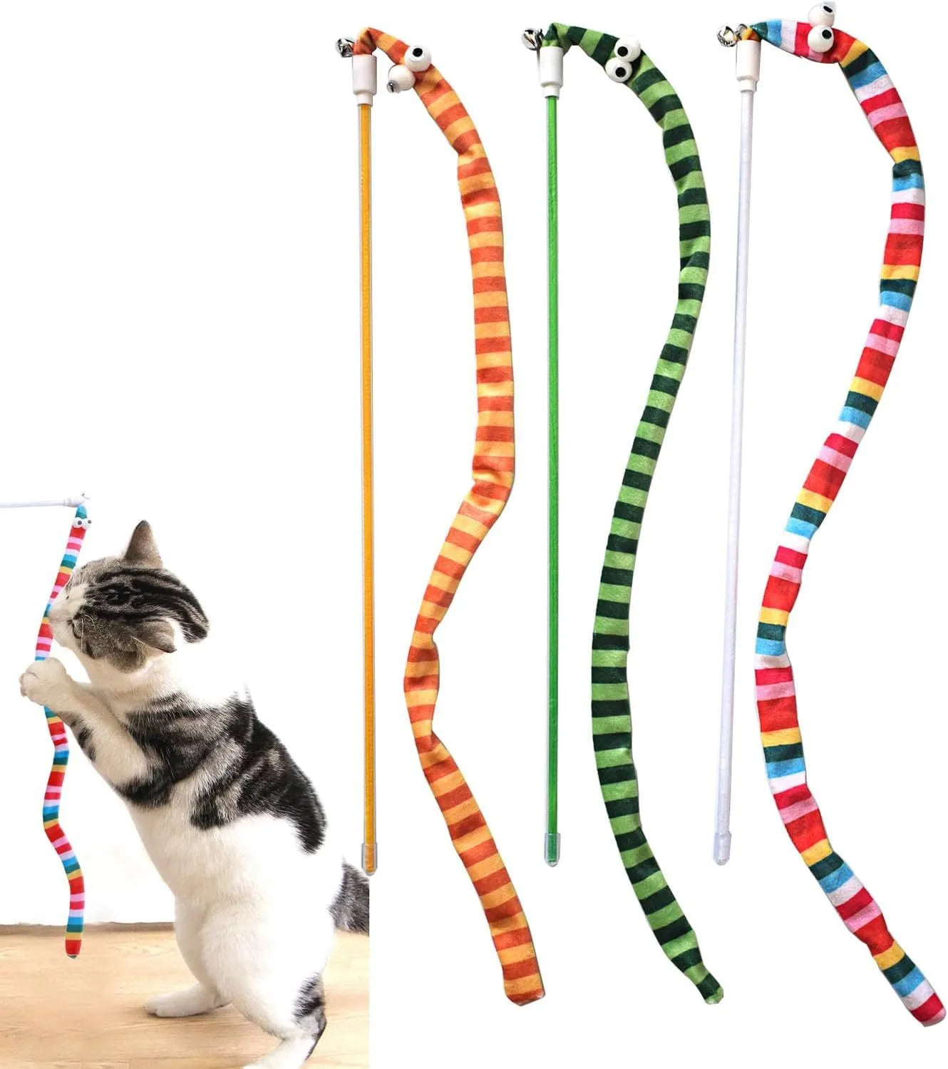 Colourful cat teaser wand with a long plush strip and bell on a polycarbonate pole.