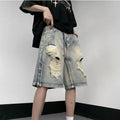Blue retro tattered denim shorts with wide-leg loose fit for women, side view