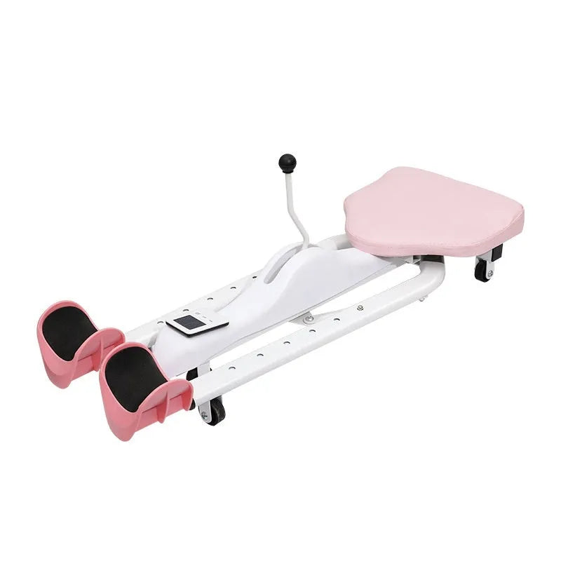 Pink and blue horse leg opener stretching equipment with steel frame and foam padding.