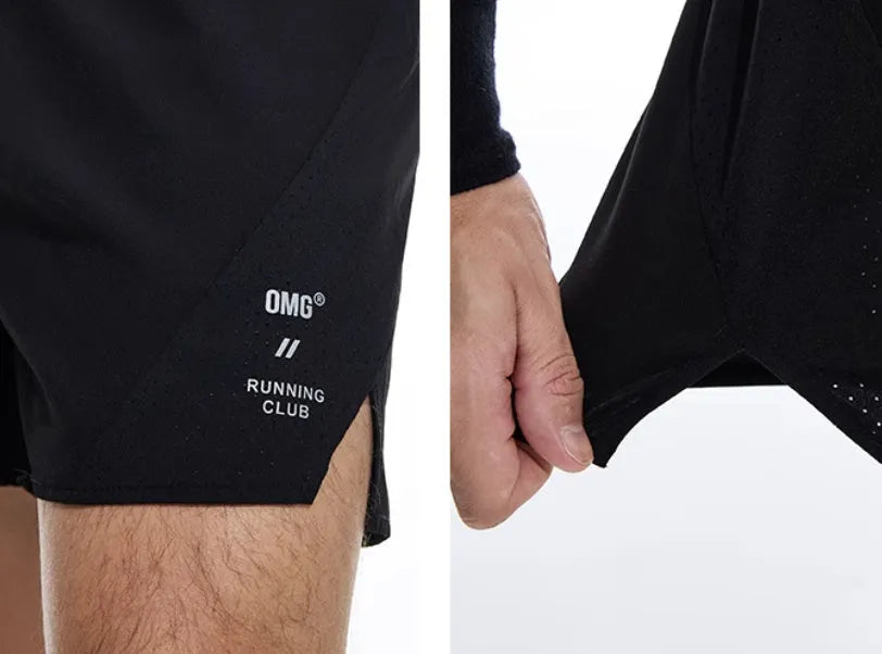Men's black running shorts with laser punching detail and stretch fabric