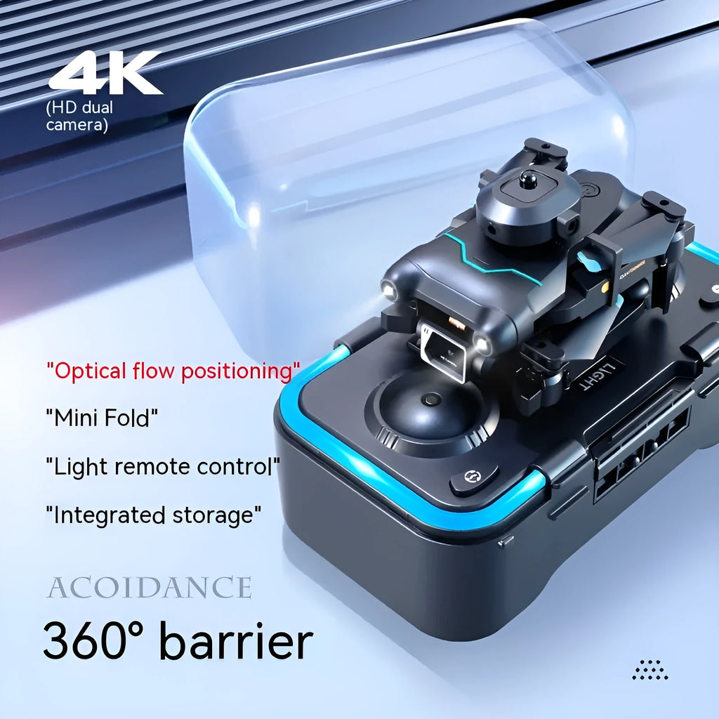 S96-black mini drone with 4K single camera on a table showing plastic four-axis design and compact size