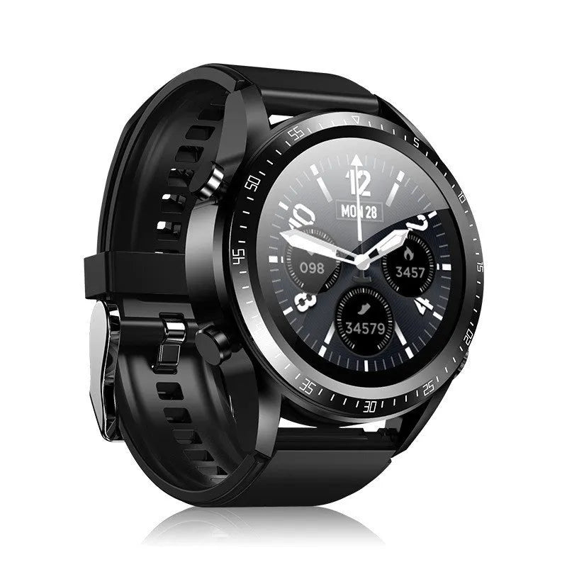 Black smart watch with silicone strap showing blood pressure monitoring on a 1.28-inch screen.