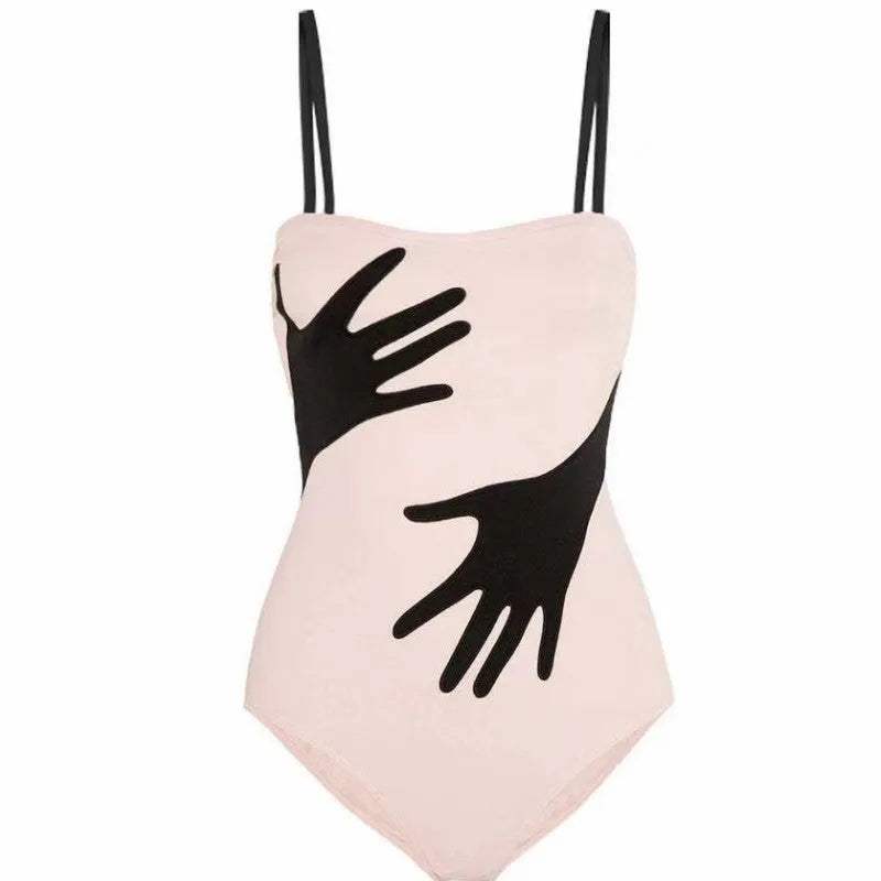 Women's polyester one-piece bikini swimsuit with a gauze skirt, shown in sizes S M L XL.