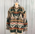 Women's retro-style woolen coat with Aztec print in loose fit, shown in Army Green colour.