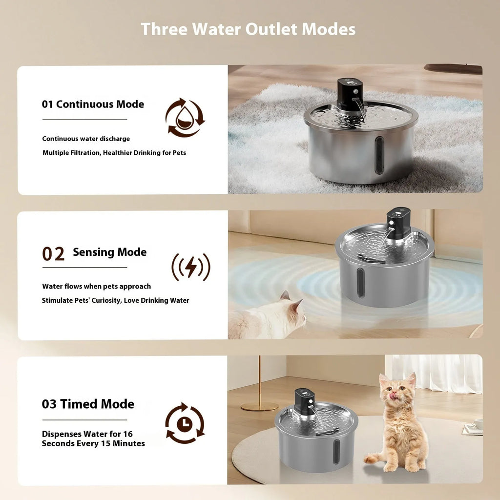 Stainless steel heated pet water fountain for cats and dogs in black or white