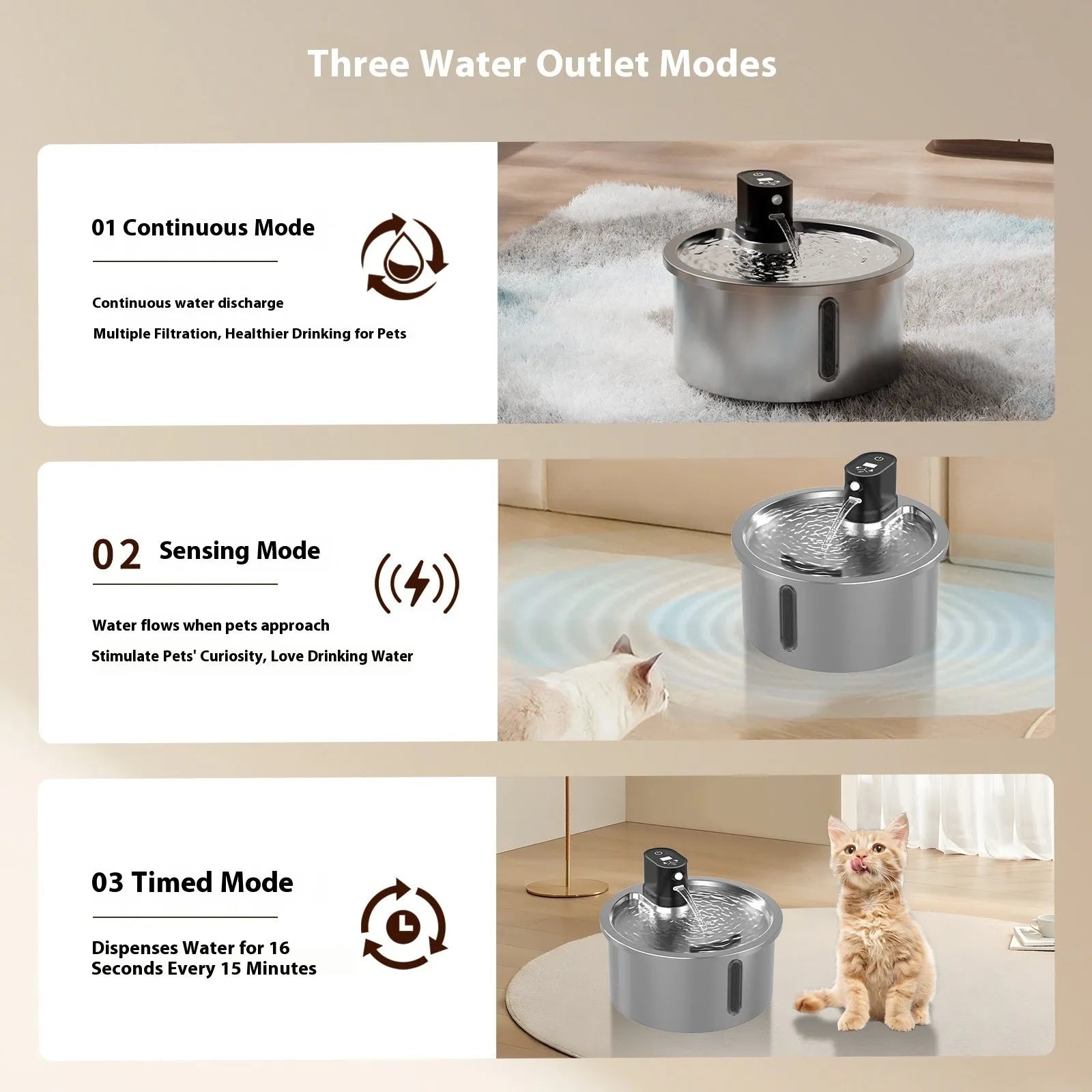 Stainless steel heated pet water fountain for cats and dogs in black or white