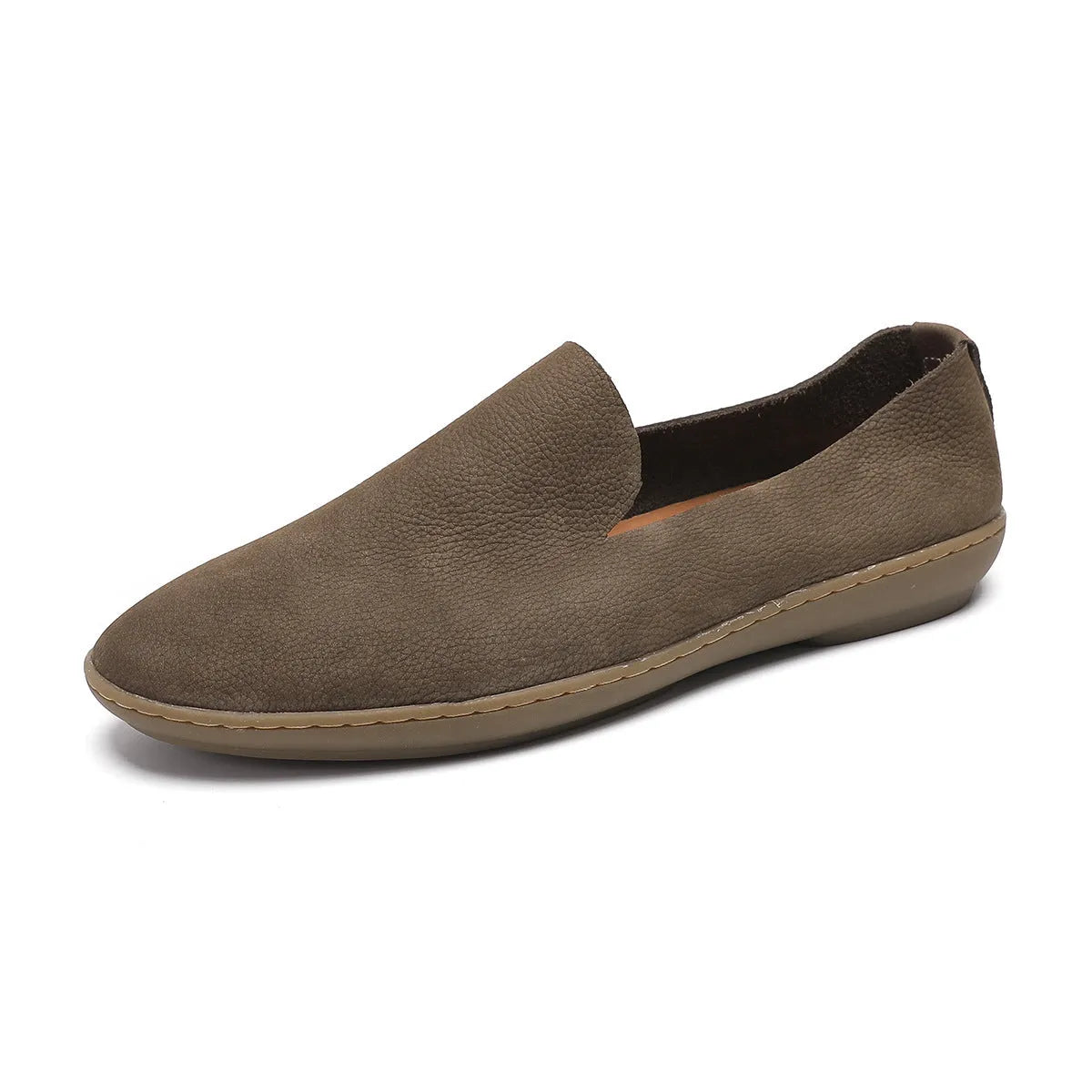 Handmade grey and khaki men's low-top casual sneakers with a cowhide upper and rubber wedge sole.