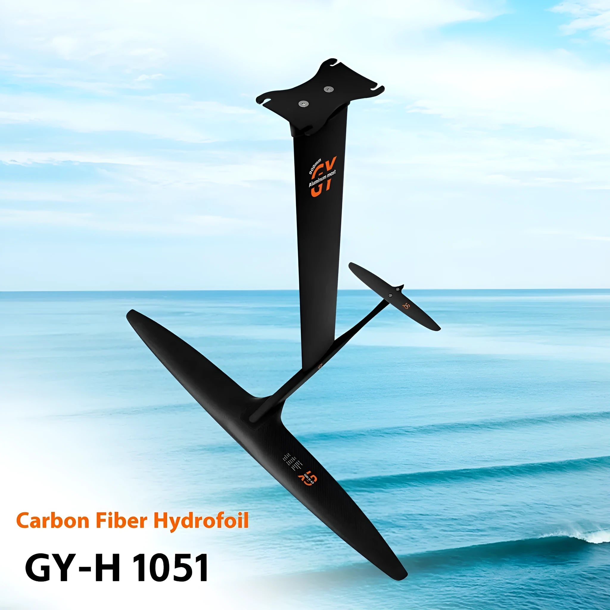 Black carbon fibre and aluminium racing surf hydrofoil with large front wing.