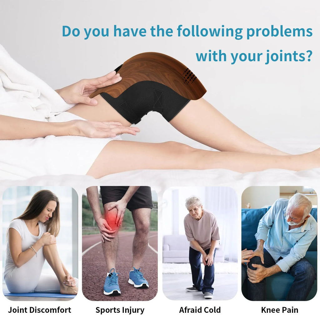Electric knee massager with intelligent kneading and heating, white colour, USB rechargeable, placed on a sofa