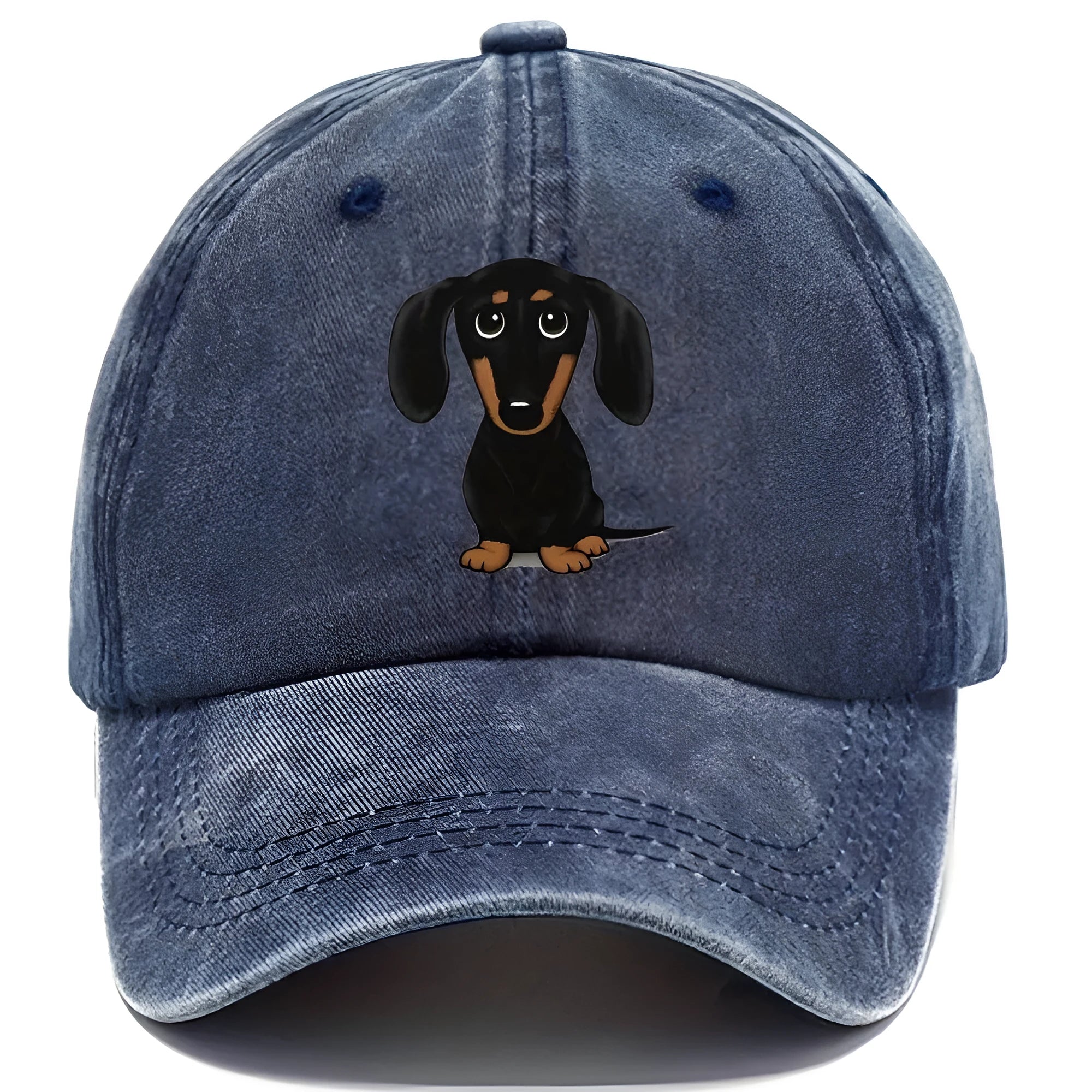 Retro washed baseball cap with dachshund print, cotton dome crown, size M 56-58cm, six colour options