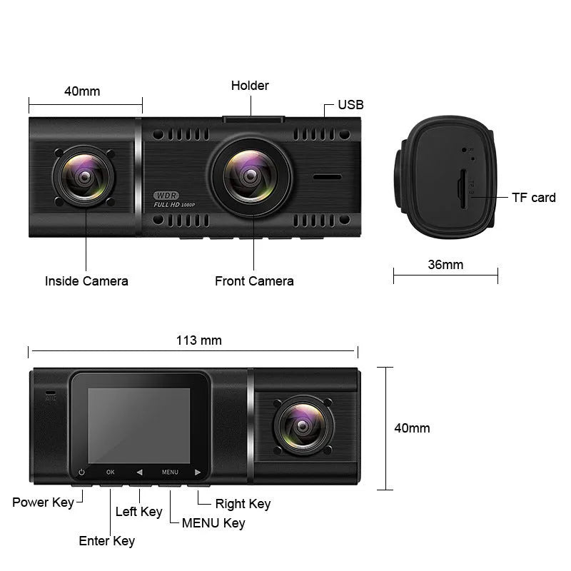 Standard black dual dash cam unit with 1.5-inch screen, shown with car charger and mounting stand.