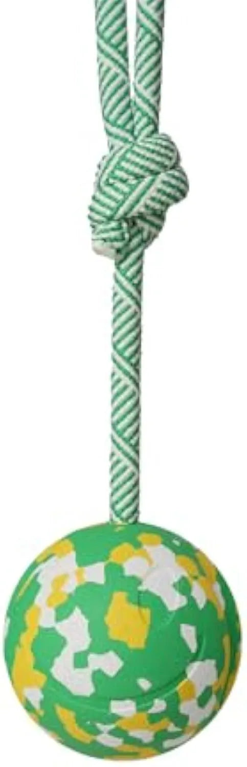 Natural rubber dog ball attached to a blue nylon rope for fetch and tug-of-war play.