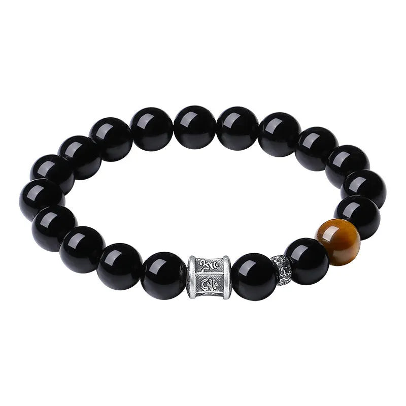 Pure silver obsidian six-word mantra bracelet for men, 10mm hand-woven prayer wheel style