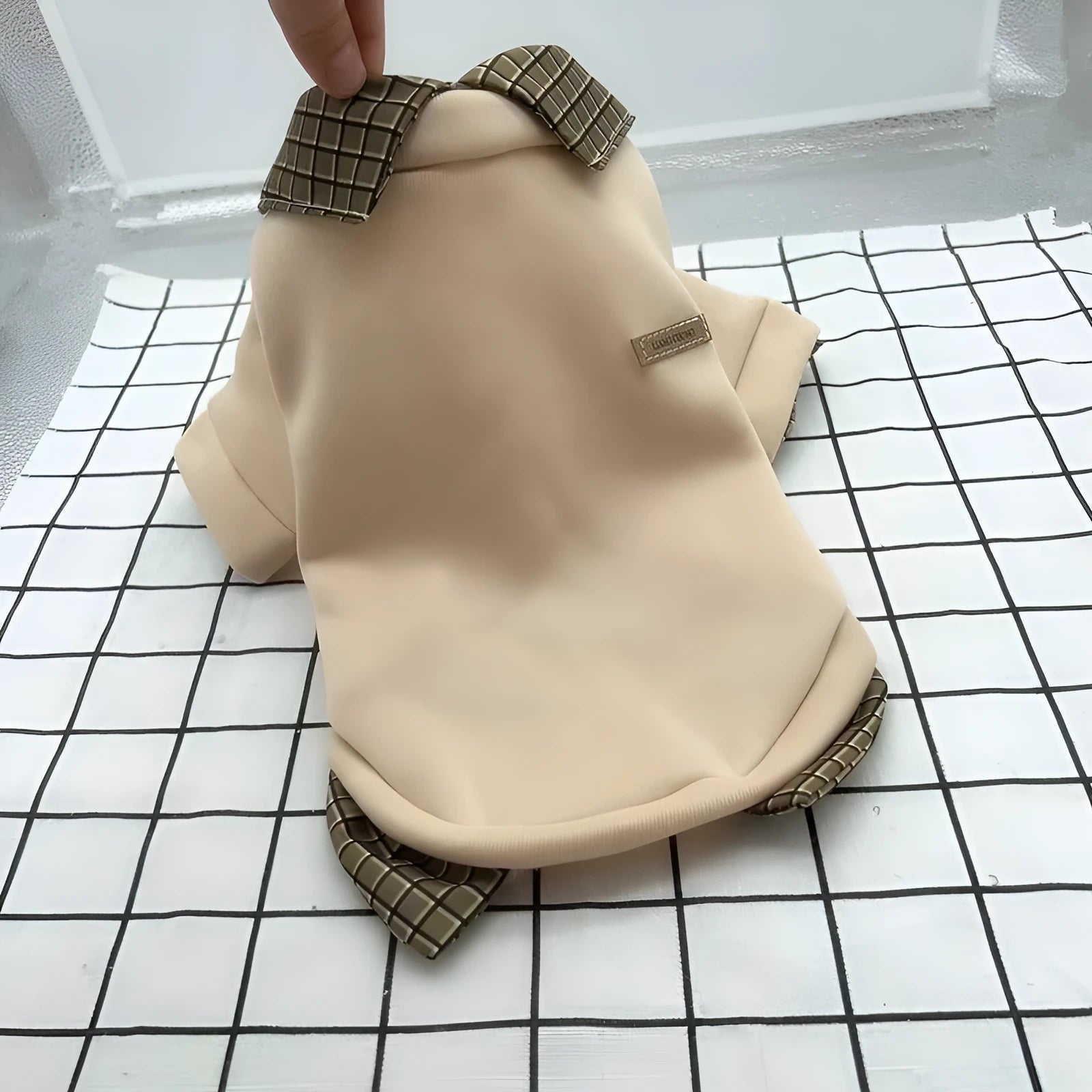 Fake two-piece collar thin velvet dog pet two feet apparel in beige with detachable hoodie on a small dog