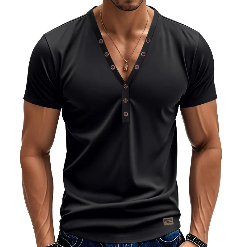 Men's loose solid-colour V-neck sports pullover with button details on a mannequin