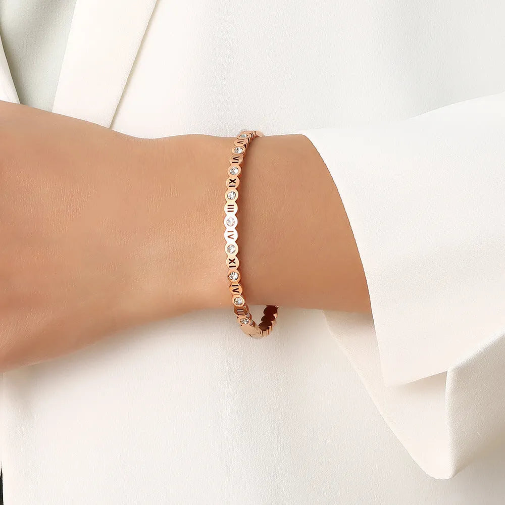 Titanium steel Korean style bracelet with digital number charm in gold electroplated finish