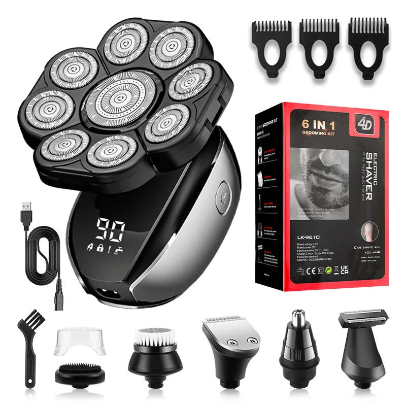Black rechargeable 6-in-1 men's hair clipper and grooming kit with attachments on a stand