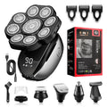 Black rechargeable 6-in-1 men's hair clipper and grooming kit with attachments on a stand