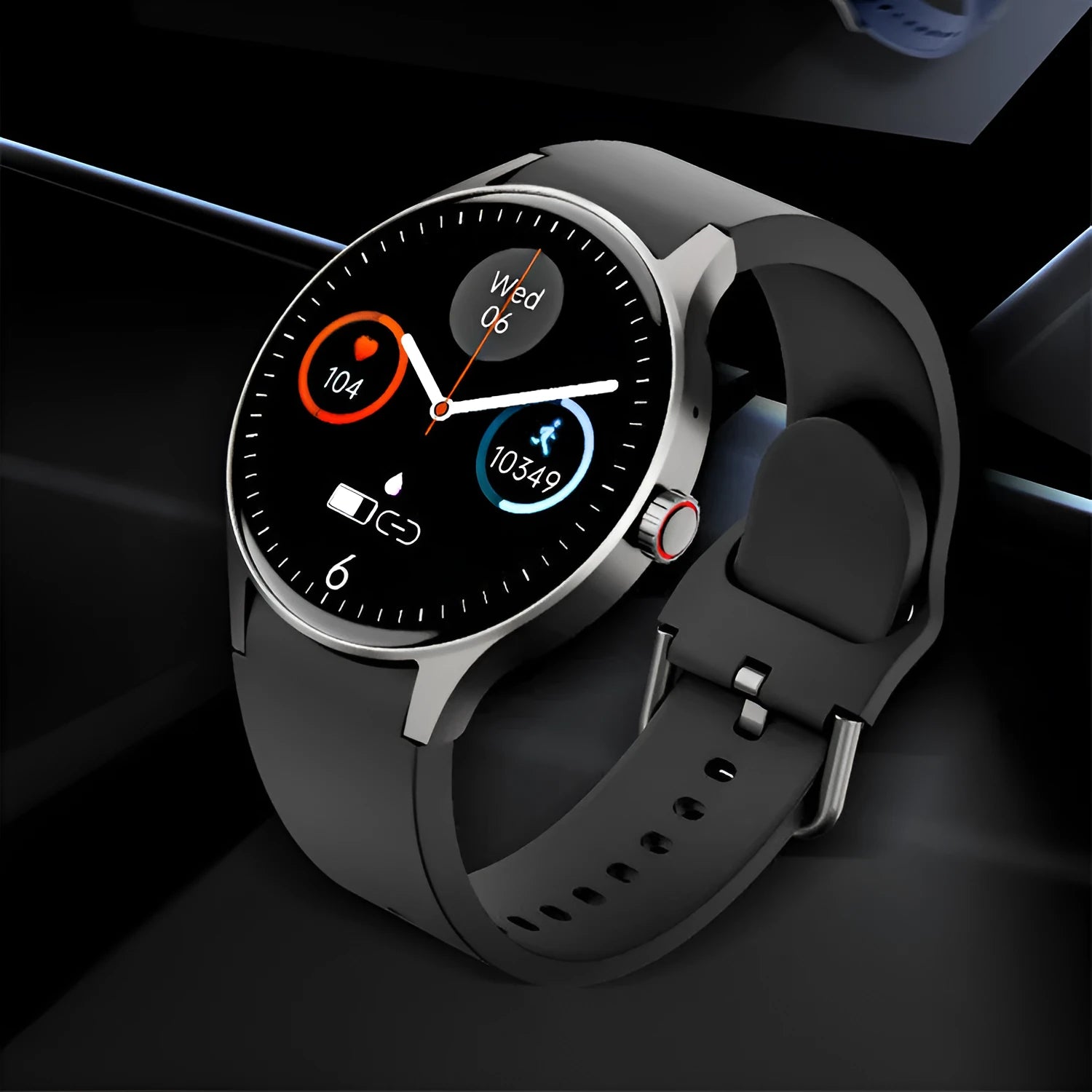 Black Bluetooth smart sport watch with round touch screen on a wrist, showing a watch face display.