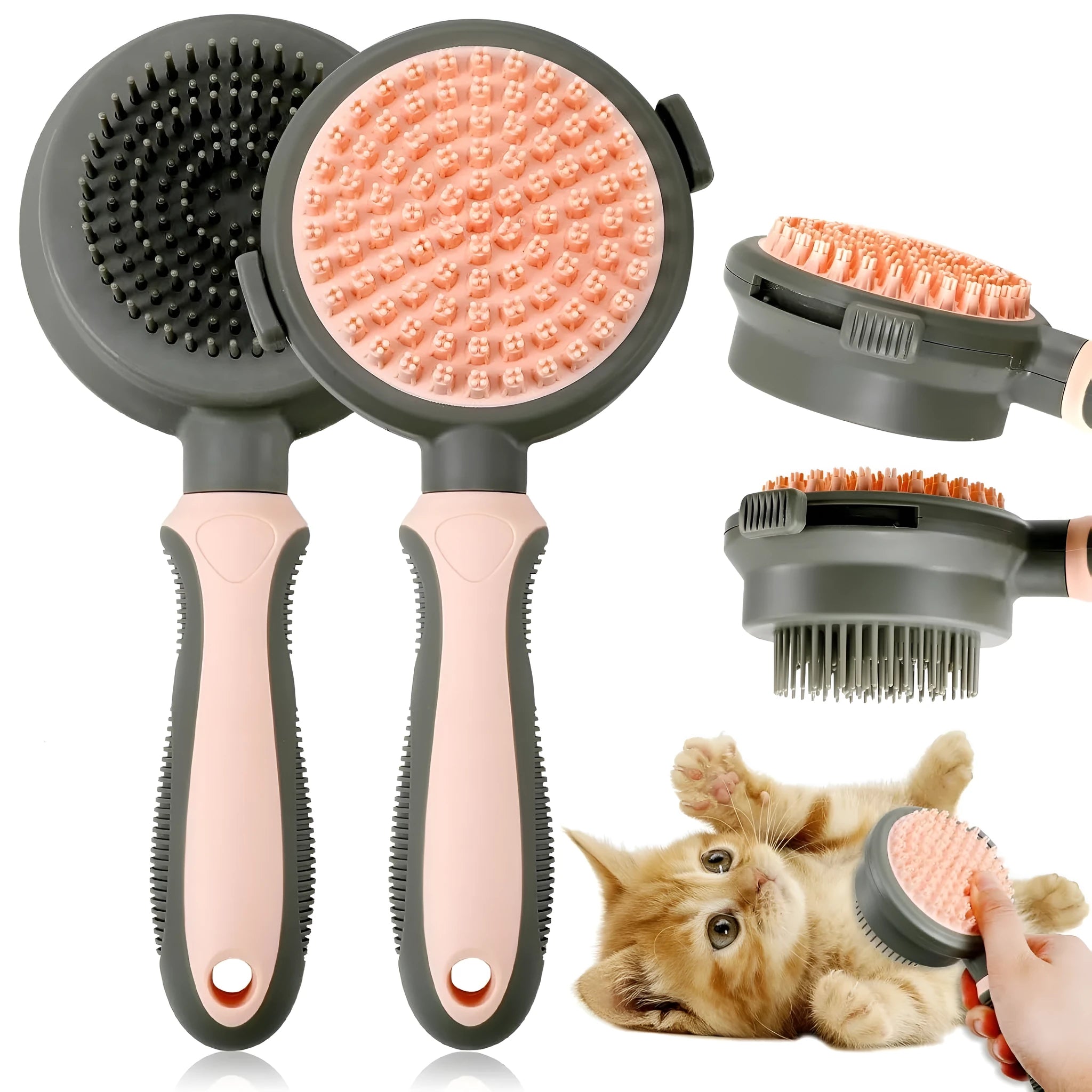 Pink and green dual-sided cat grooming brush with flea comb and release button