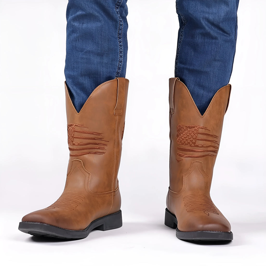 Men's retro embroidered cowboy boots with wide square toe and low horseshoe heel in brown artificial leather