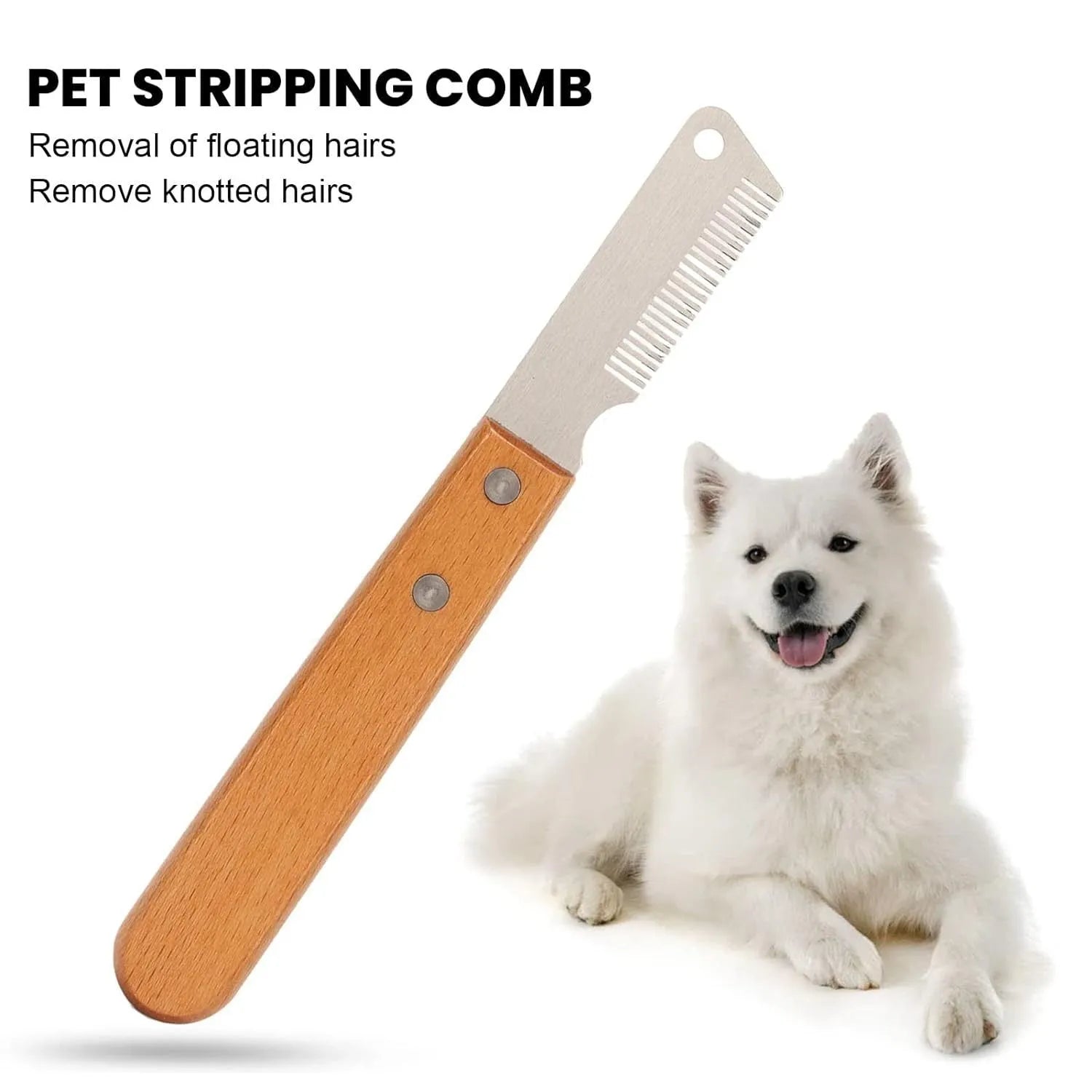 Pet stripping comb with metal blade and wooden handle for grooming dogs and cats