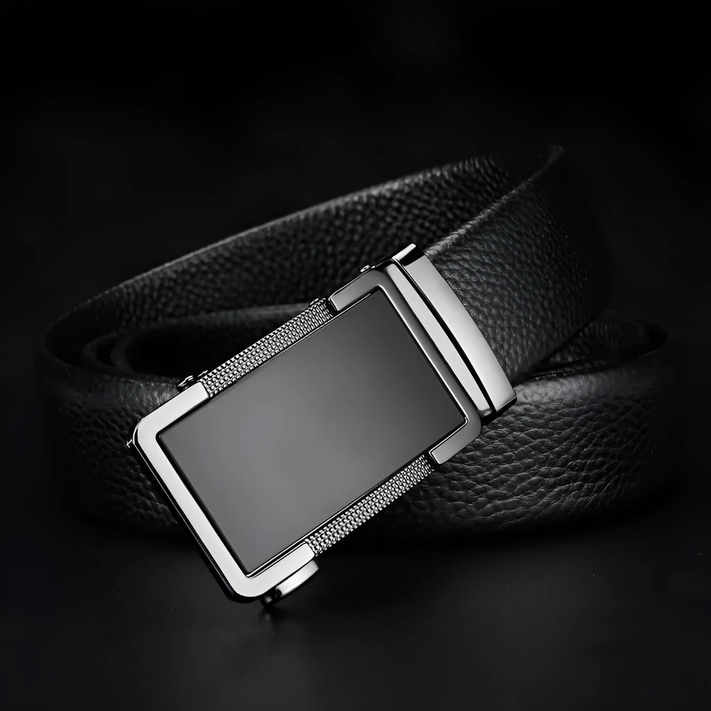 Men's leather automatic buckle belt in gun black, silver, and gold colour options showing the comfort click mechanism.