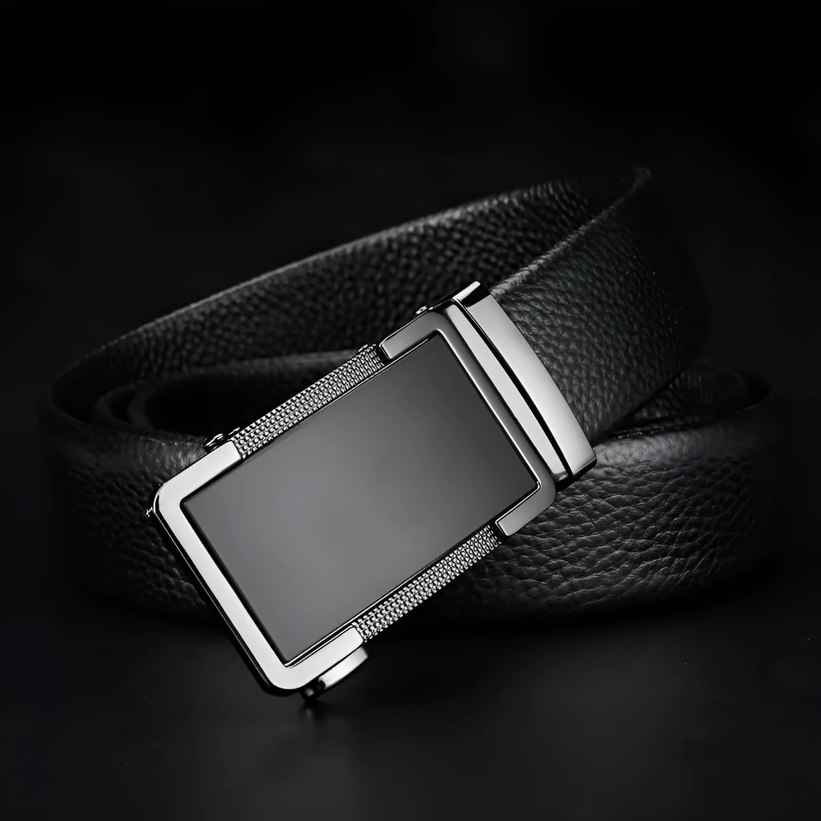 Men's leather automatic buckle belt in gun black, silver, and gold colour options showing the comfort click mechanism.
